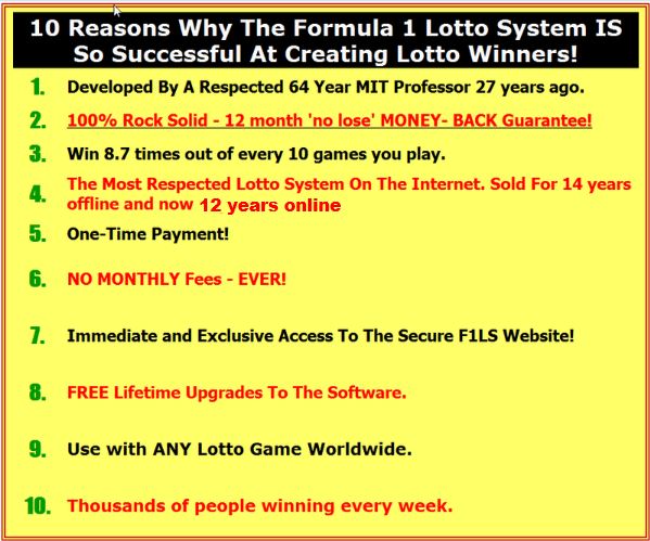 Formula 1 Lotto System 10 reasons To Buy